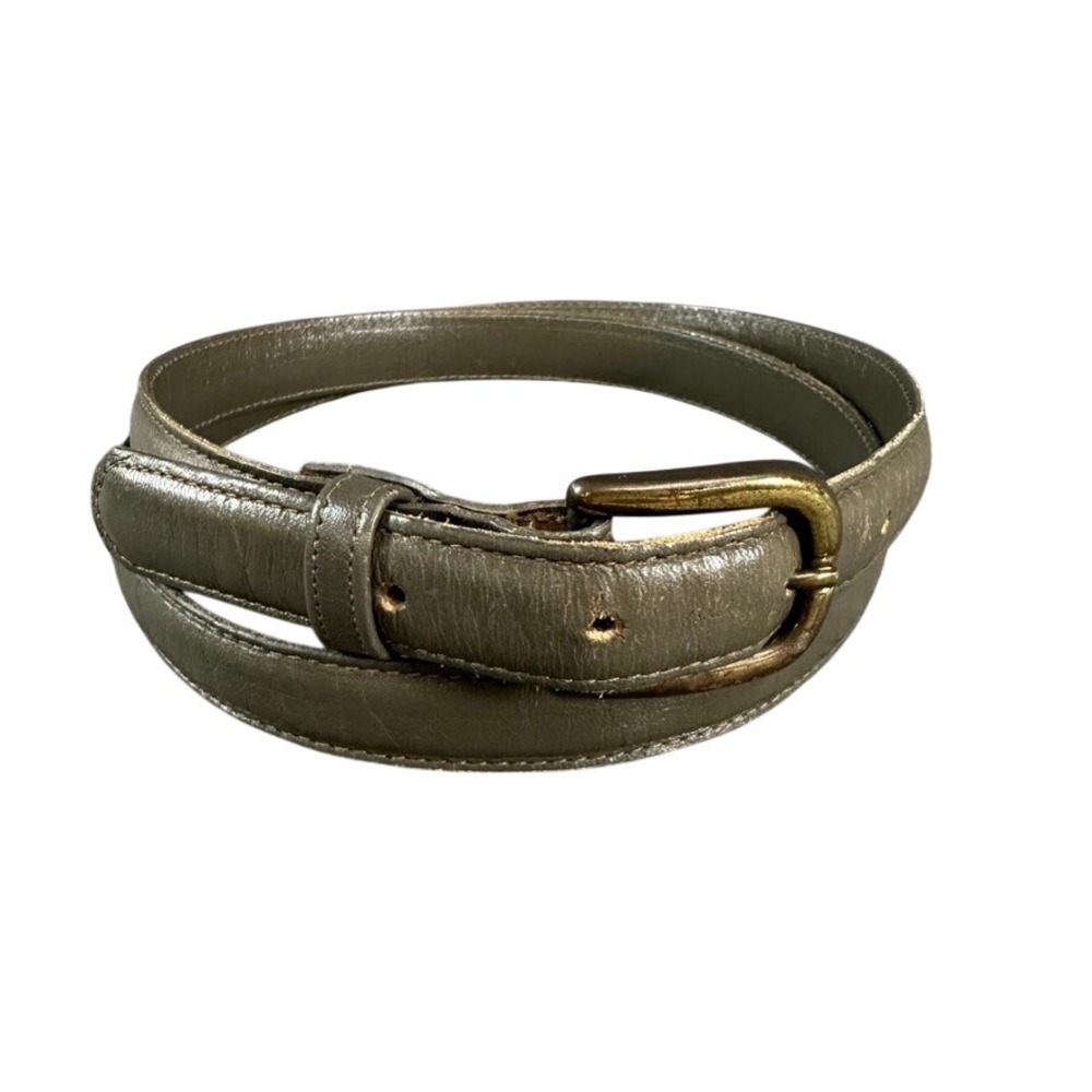 The Leather Shop Olive Green Genuine Leather Belt Brass Buckle Slim Size L
